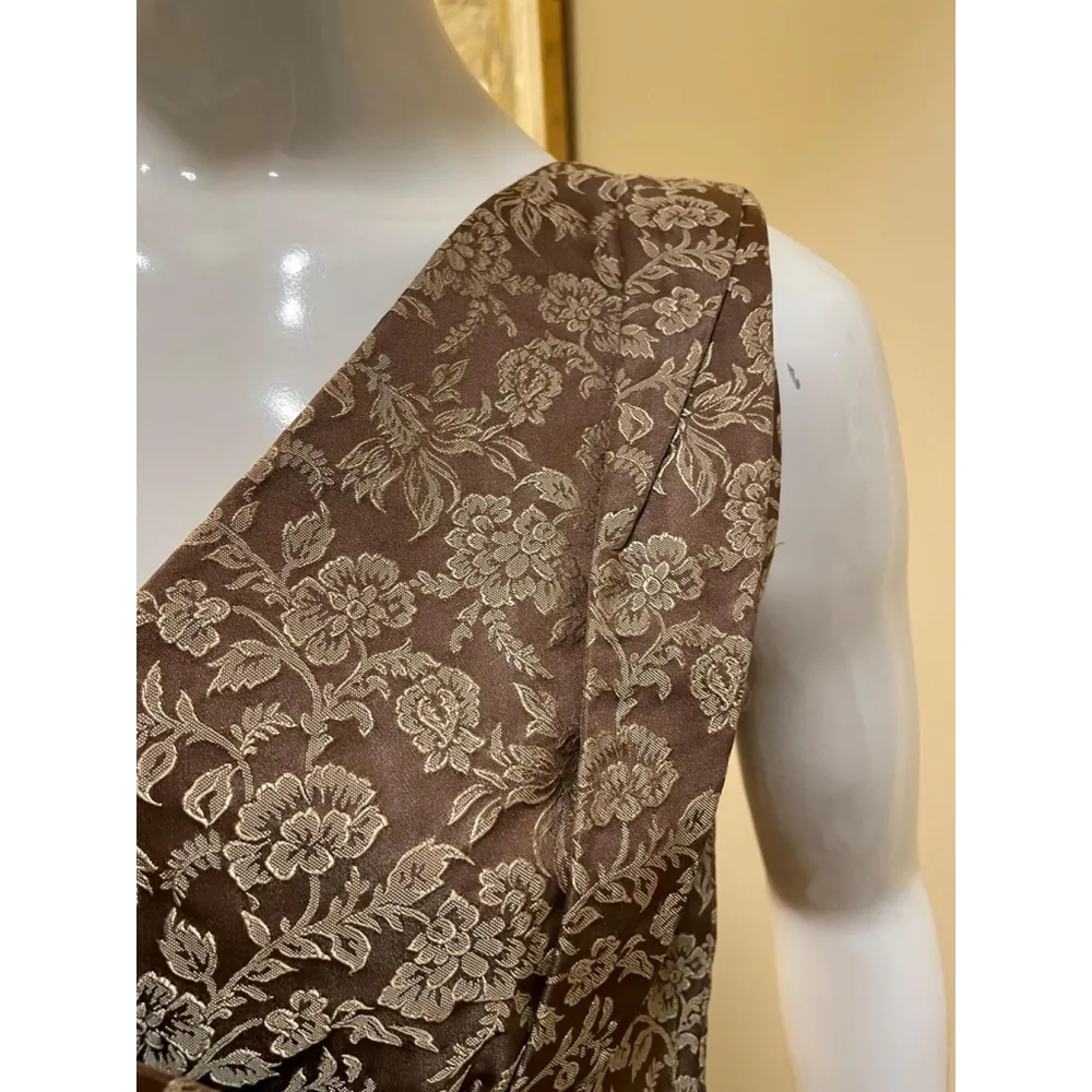 Vintage 1960s Floral Brocade V Neck Asian Brown Gold Mini Dress Medium - Image 4