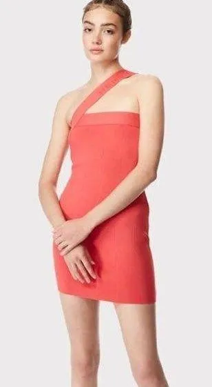 Herve Leger Coral Red Bodycon Mini Dress M NWT Asymmetrical Strap - Image 1