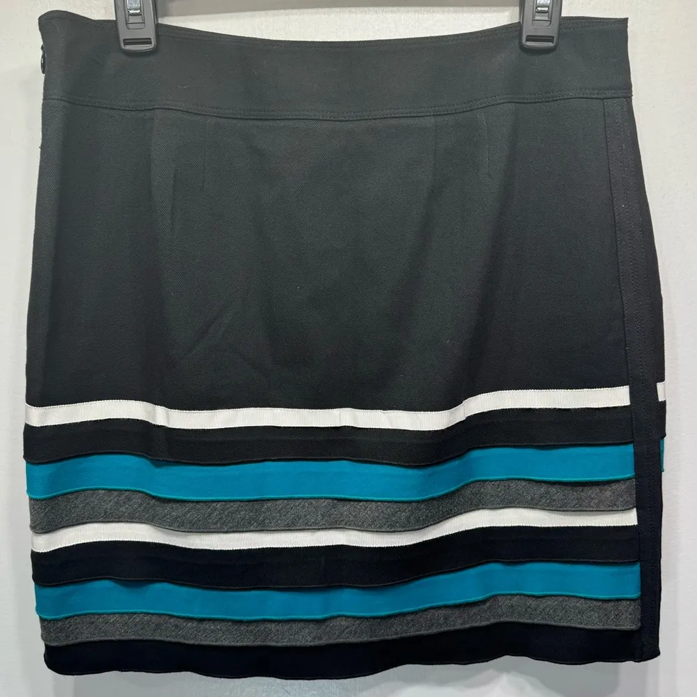 White House Black Market Black Mini Pencil Skirt with Turquoise & Gray Layers - Image 2