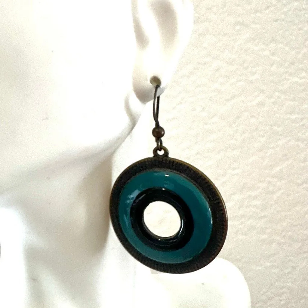 Brass & Enamel Circle Dangle Earrings Green - Image 7