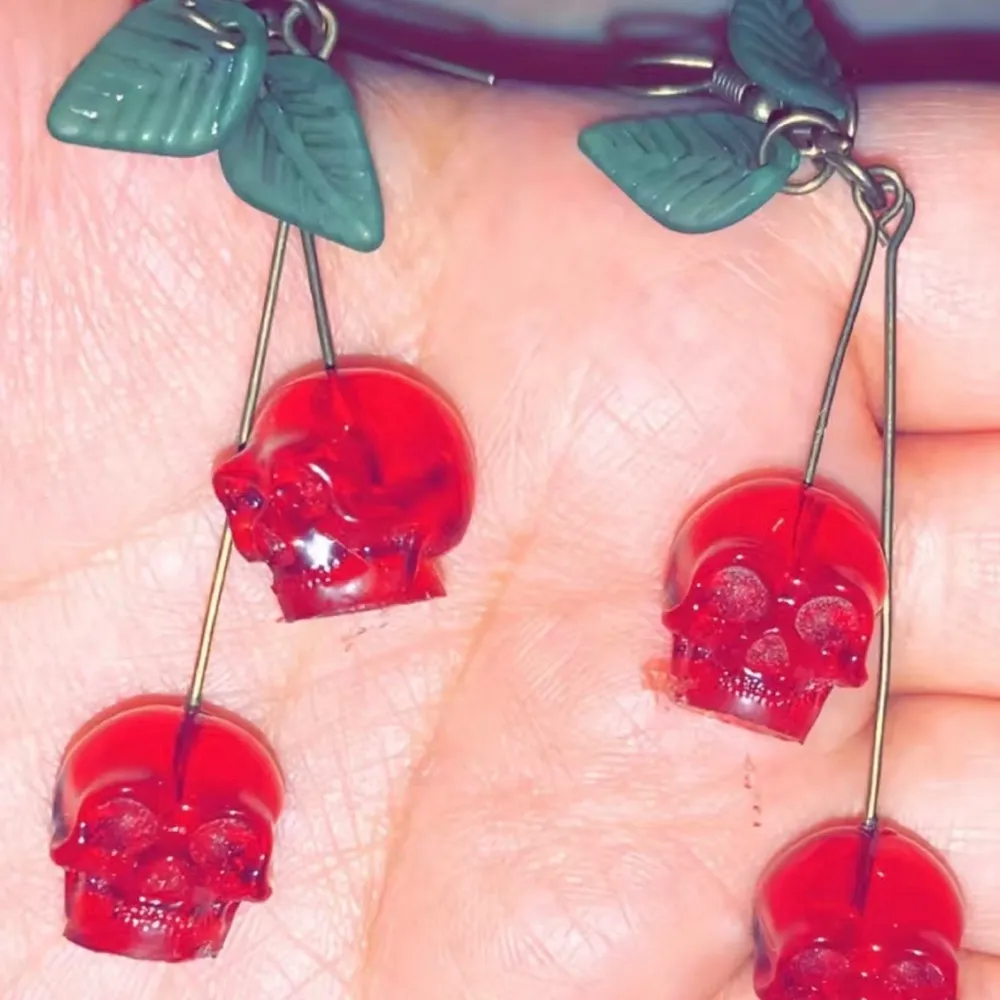 Gothic Red Trending Cherry Skull Shaped Earrings &‎ Leafs Faux Fashion Jewelry - Image 5