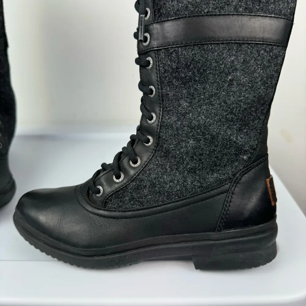 UGG Elvia Black Leather Waterproof Boots Sz 6 Knee High Lace Up Wool Lined - Image 8