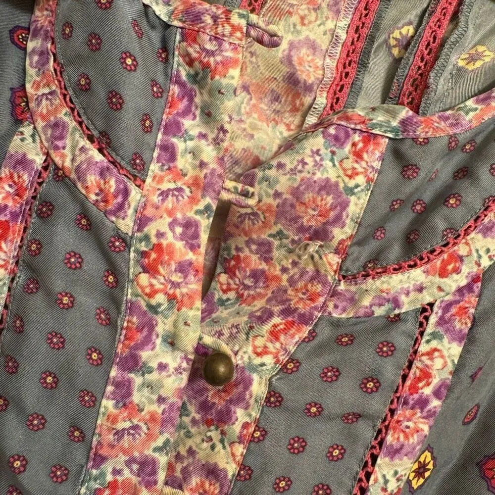 Vintage 2000s Juicy Couture Floral Pink Blue Gray Mini Dress Silk Size 6 - Image 5