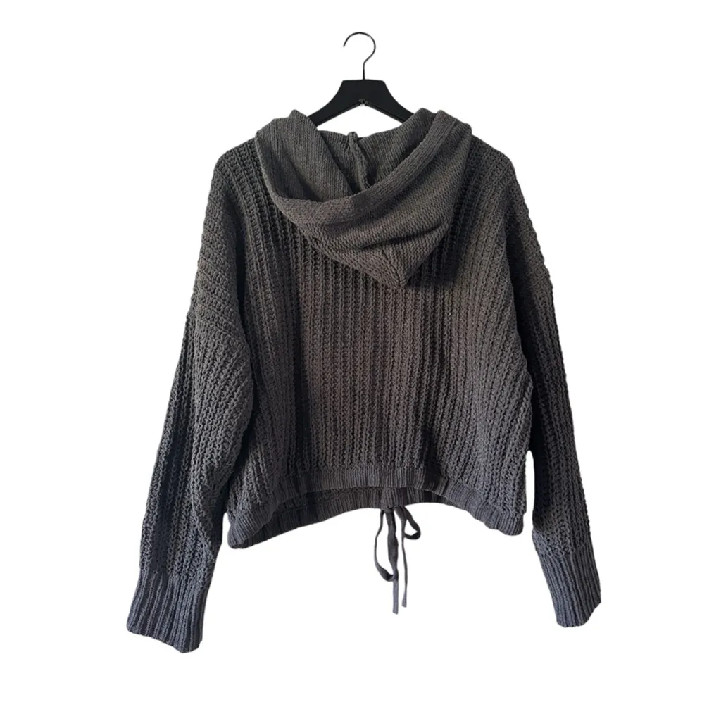 Lucky Brand Gray Textured Knit Hoodie Sweater L Drawstring Hem Winter Cozy - Image 7