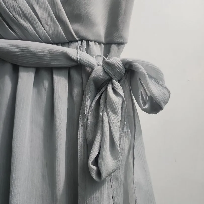 David's Bridal Womens Dress Size 10 Light Grey Wrap Ruffle Hem‎ Tie Waist - Image 4