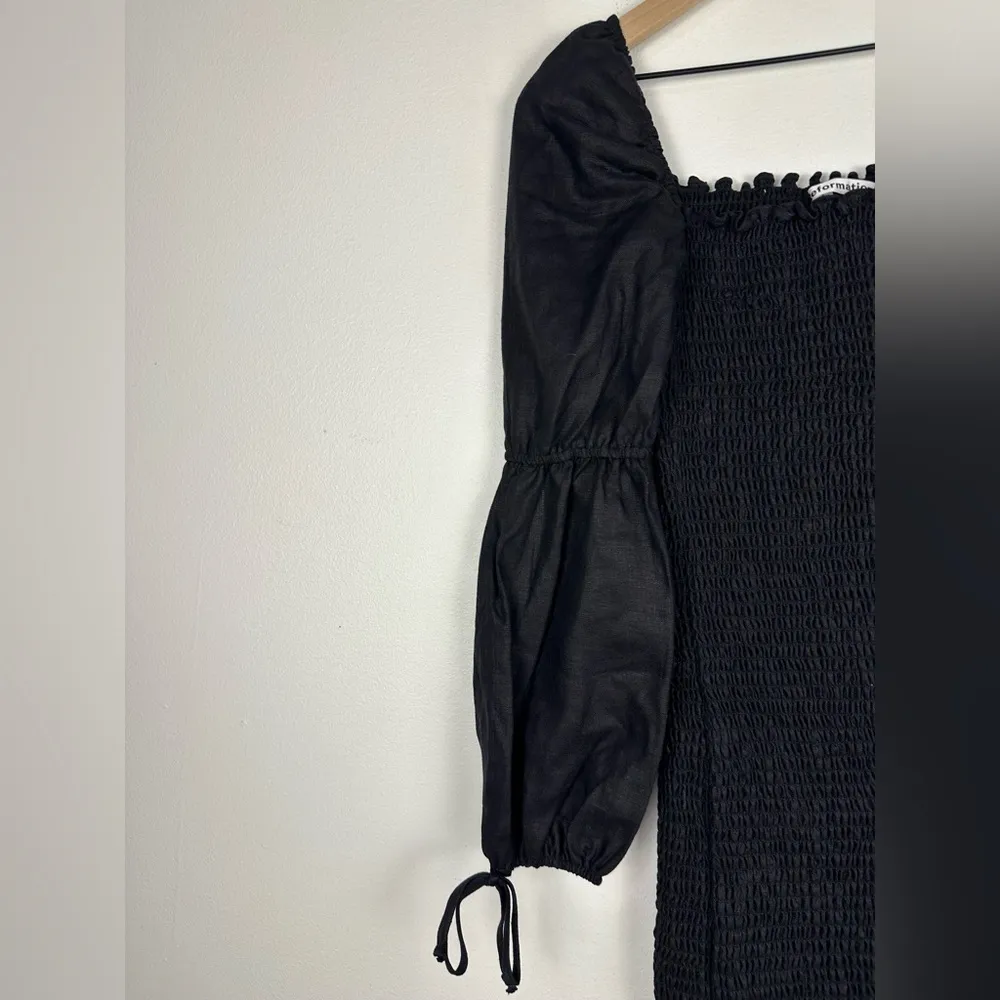 Reformation Hilary Smocked Black Linen Puff Sleeves Mini Dress Women’s Sz S - Image 4