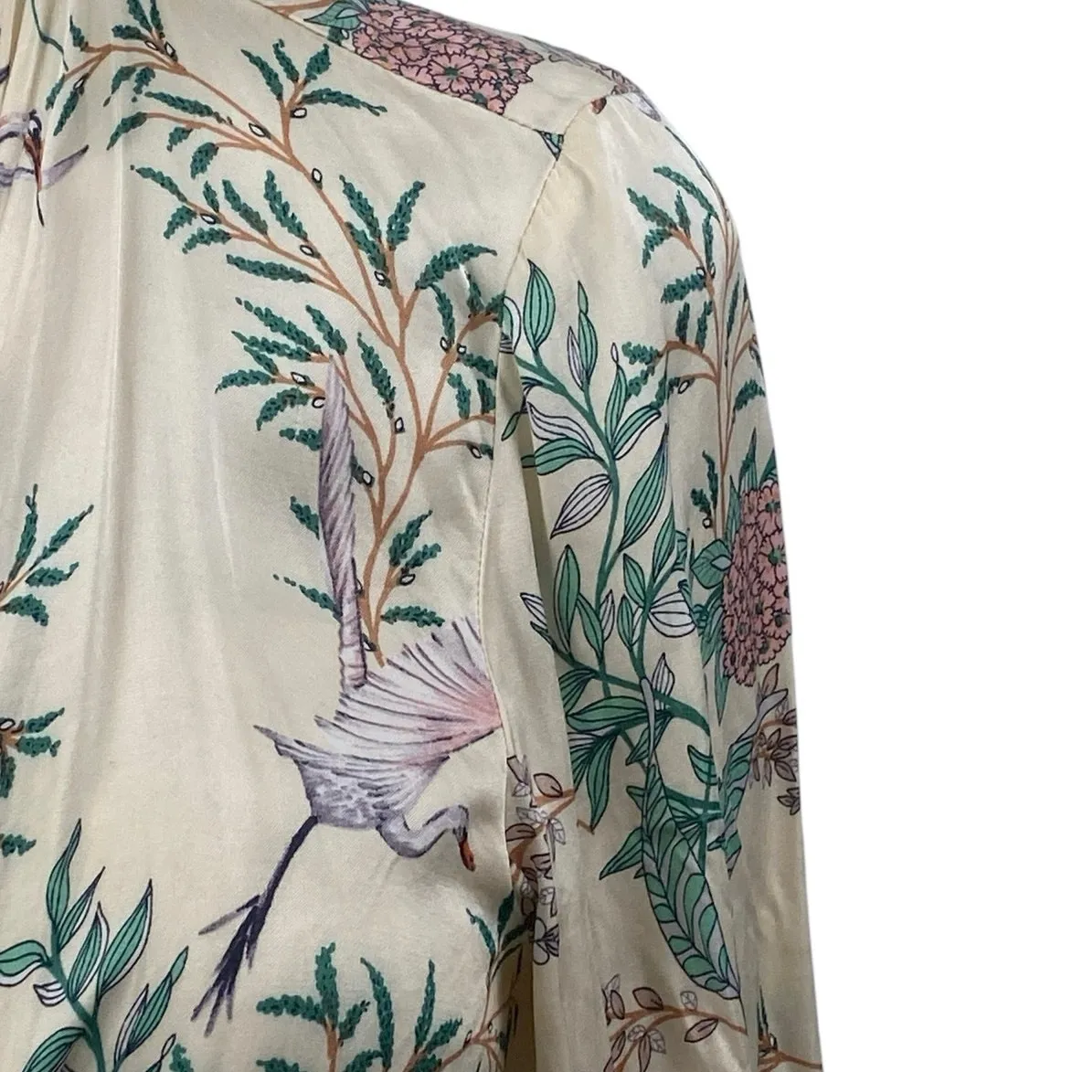 Zara Women's Cream Multicolor Floral Long Bell Sleeve Tie Blouse Crop Top XS/S - Image 2