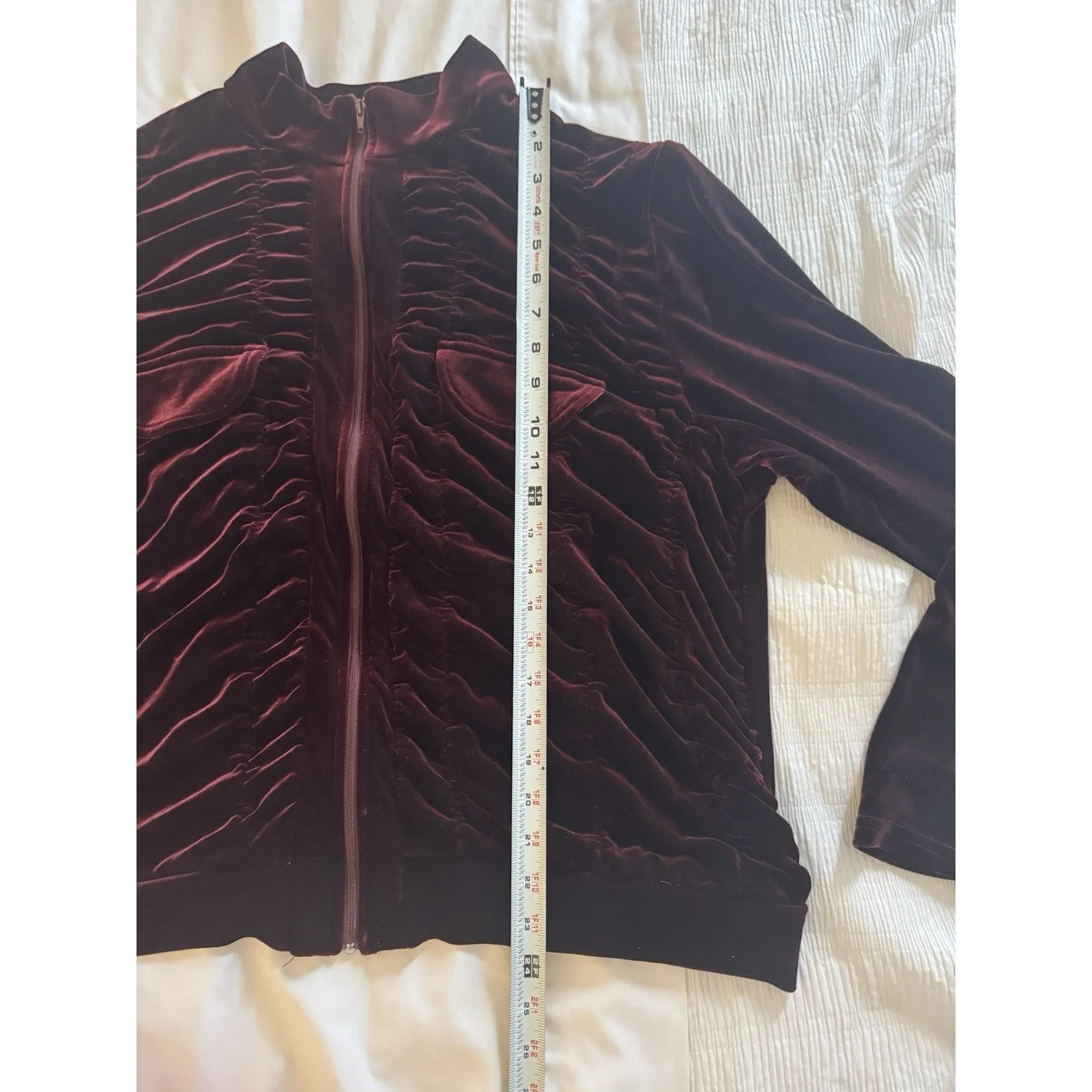 Ashley Stewart Burgundy Maroon Velvet Zip Up Ruched Pockets Long Sleeve - Image 3