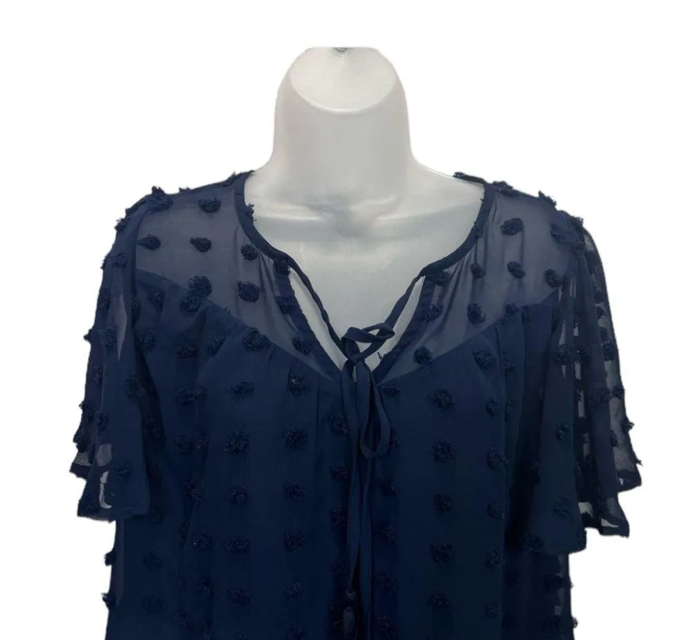 Umgee Swiss Dot Smocked Bodice Dress Size S Pom Pom Blue - Image 4