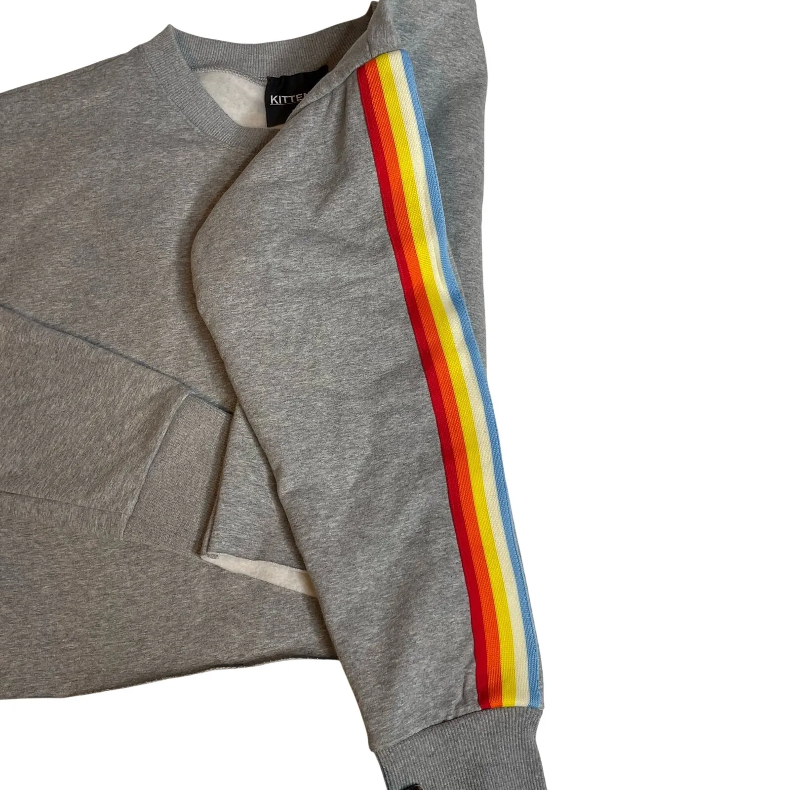 Kittenish Grey Cropped Sweatshirt Rainbow Stripe Sleeve Lounge Athleisure M - Image 8