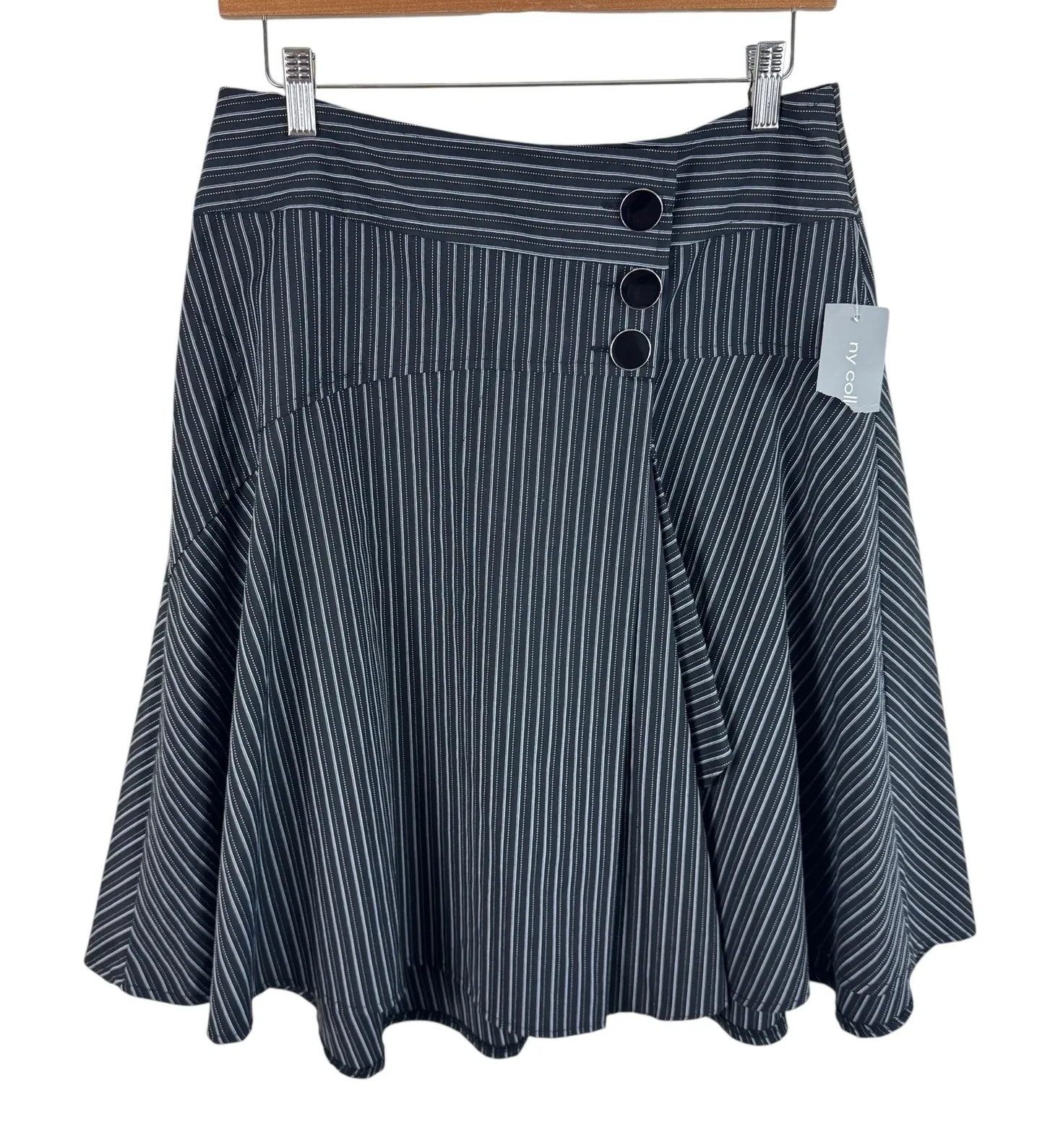 NY Collection NWT Black White Striped Asymmetrical Button Front A-Line Skirt 6 - Image 1