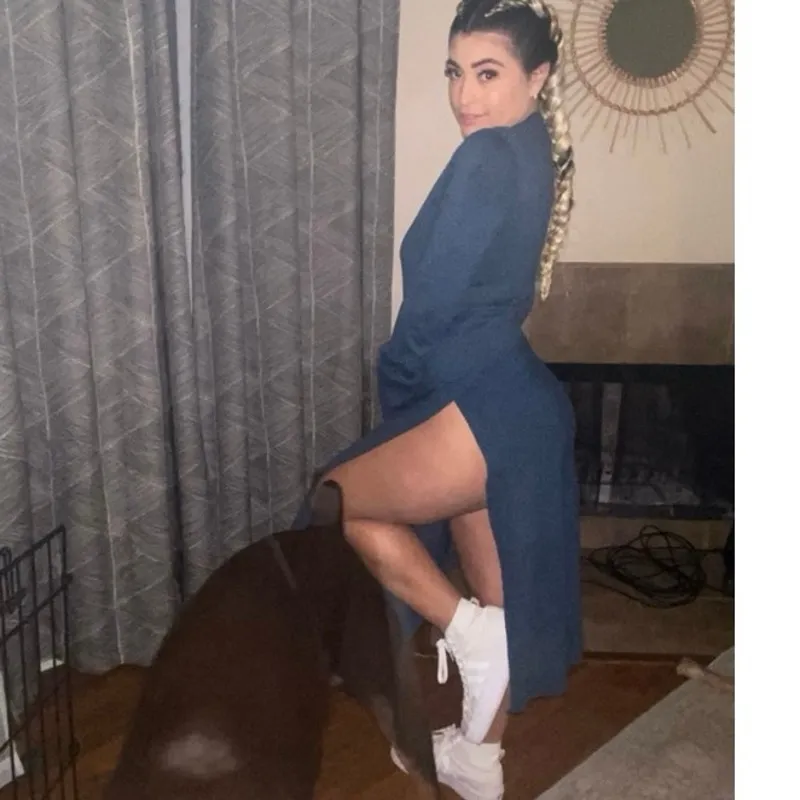 COS Teal Blue Sweater Style Long Sleeve High Side Slit Crewneck Dress size US XS - Image 10