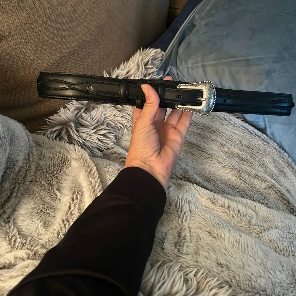 Black w Western Silver Buckle Leather Belt w Detail, Size 34, Nocona Belt Co - Image 4