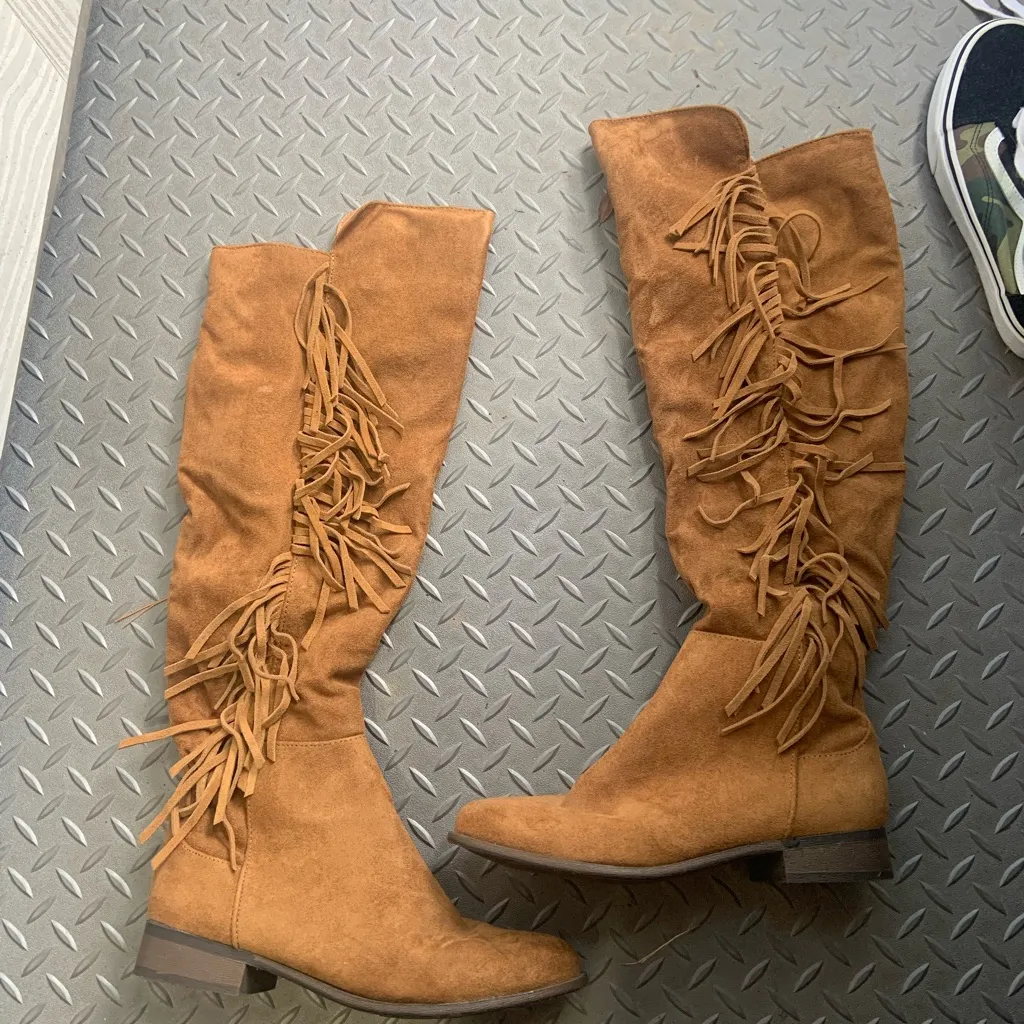 Tan Suede Knee High Fringe Boots mossimo casual classic fall 8 $60 boho - Image 6