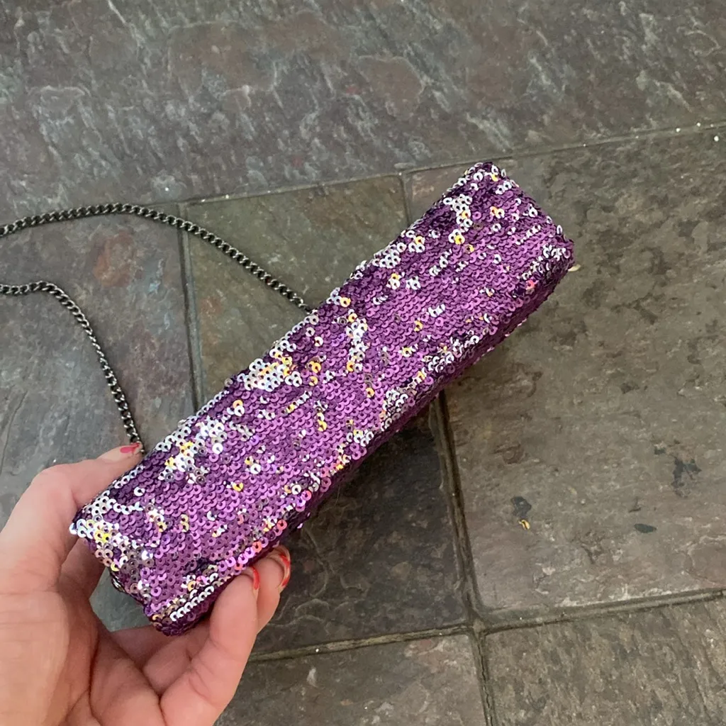 Kimchi Blue Purple Silver Sequin Box Clutch with Chain Strap - Image 3