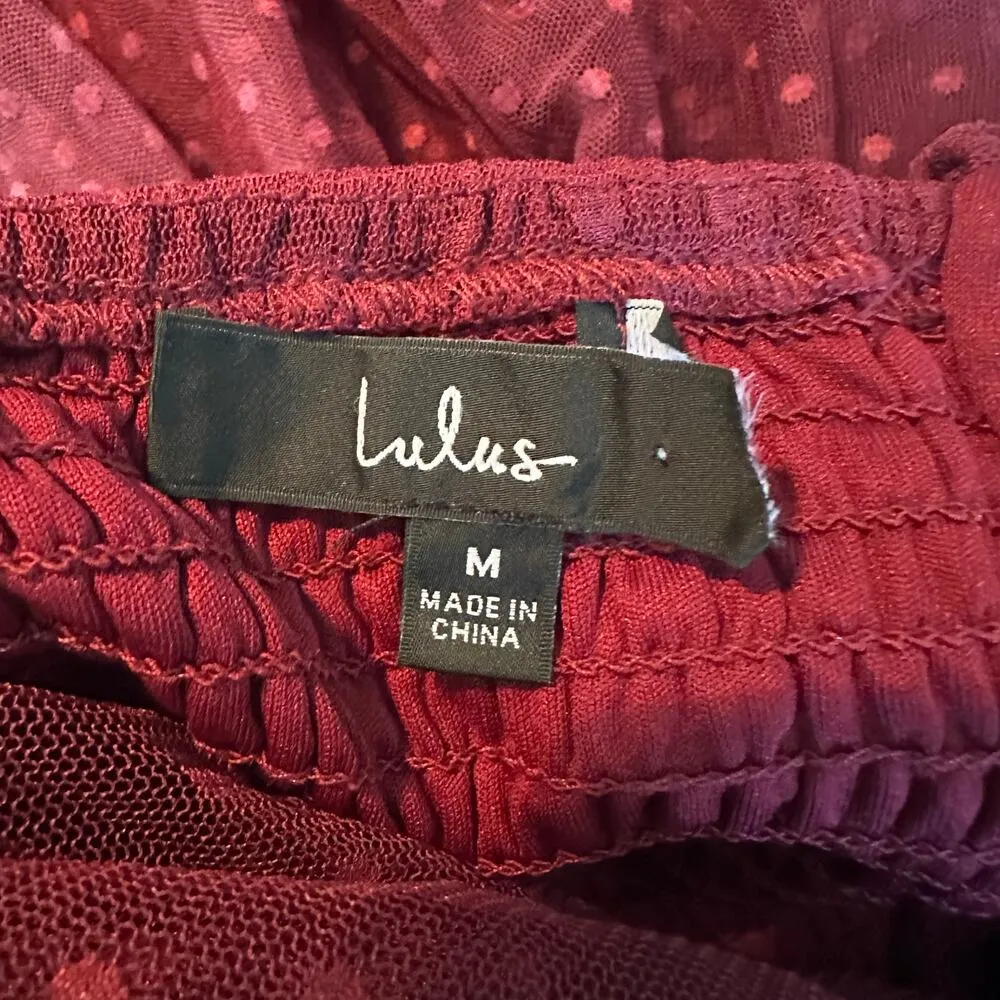 Lulus Sweet Amor Burgundy Tulle Swiss Dot Tiered Bustier Midi Dress - Image 3