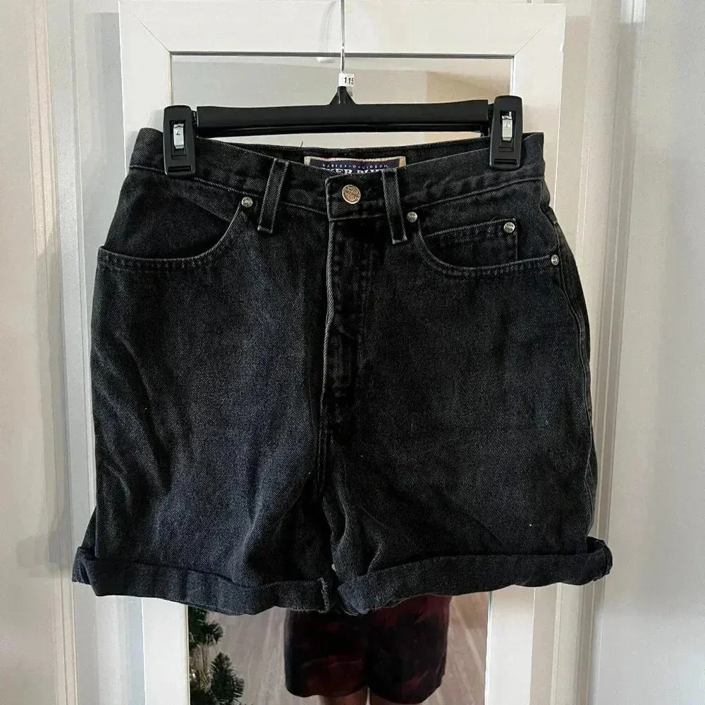 1115 Harley Davidson Biker Blues Denim Shorts Size 10 Color Black - Image 2