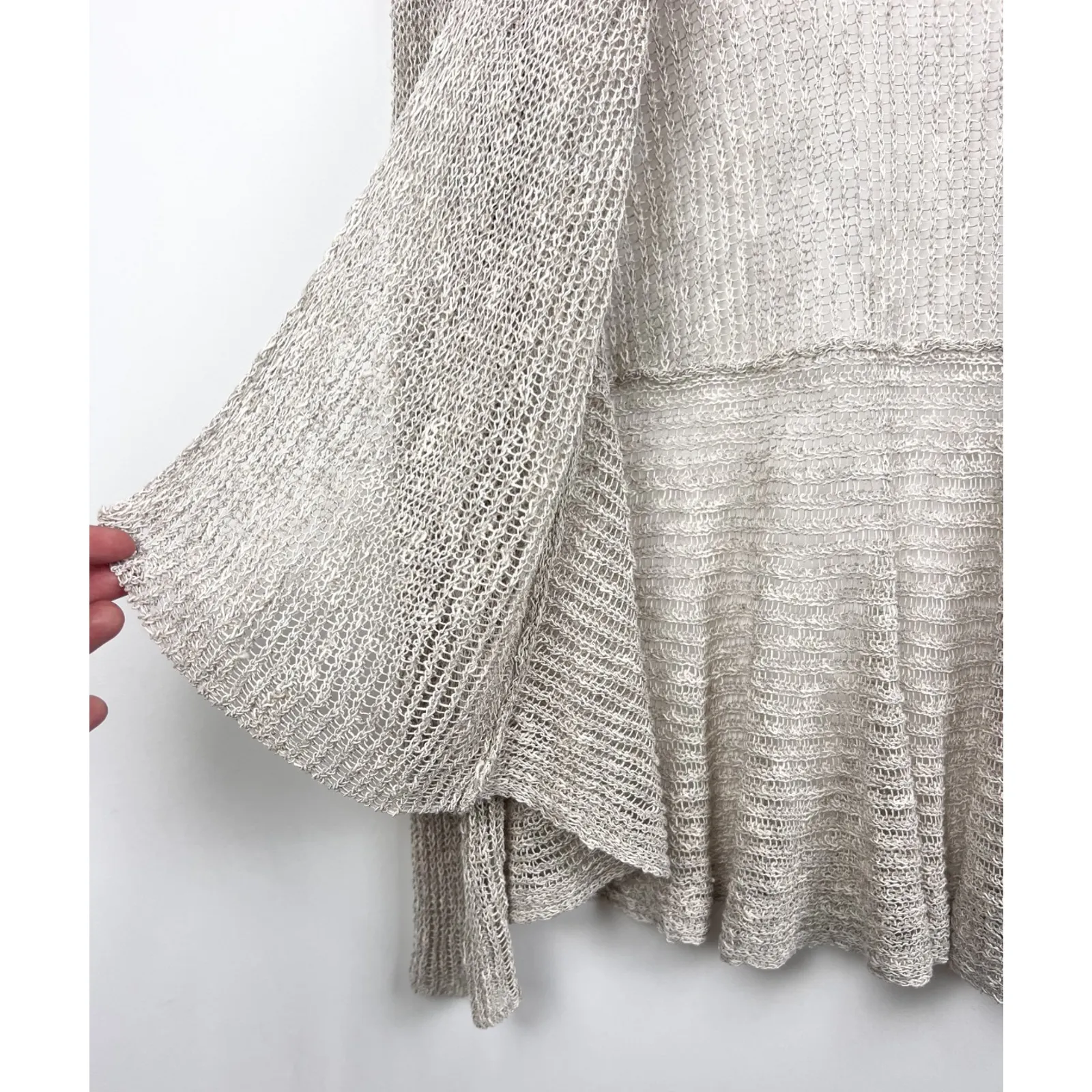 Eileen Fisher Open Front Linen Blend Oatmeal Knit Cardigan Sweater Flowy Size M - Image 4
