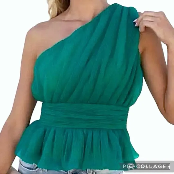 NWT Endless Rose Top One Shoulder Shirred Tulle Jade Green XL Cocktail Chic Glam - Image 1
