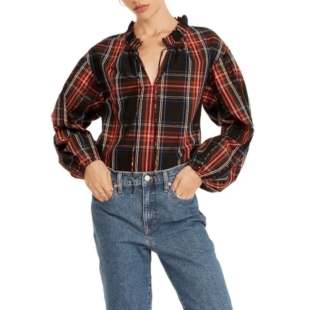 NEW J.Crew Scalloped Tie Neck Stewart Tartan Plaid Poplin Shirt - Image 2