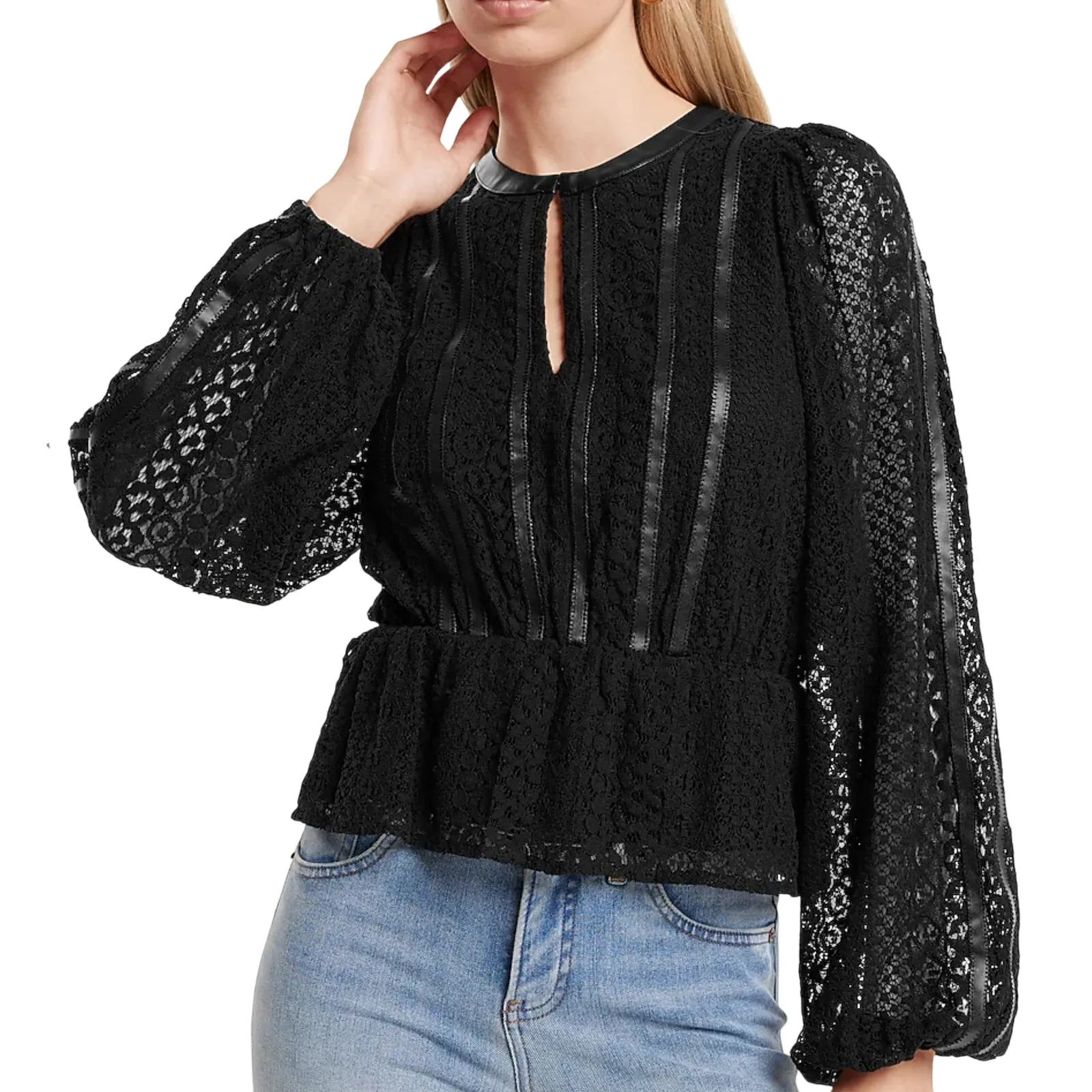 Express Black Vegan Leather Lace Long Bishop Sleeve Peplum Top Blouse size XS - Image 2