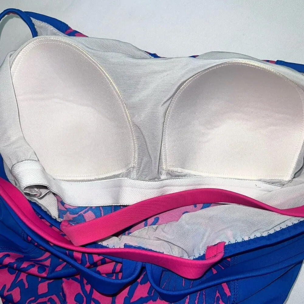 Lands End Tankini Swimsuit Top Womens Size 16 DD Blue Pink Shelf Bra Criss Cross - Image 2