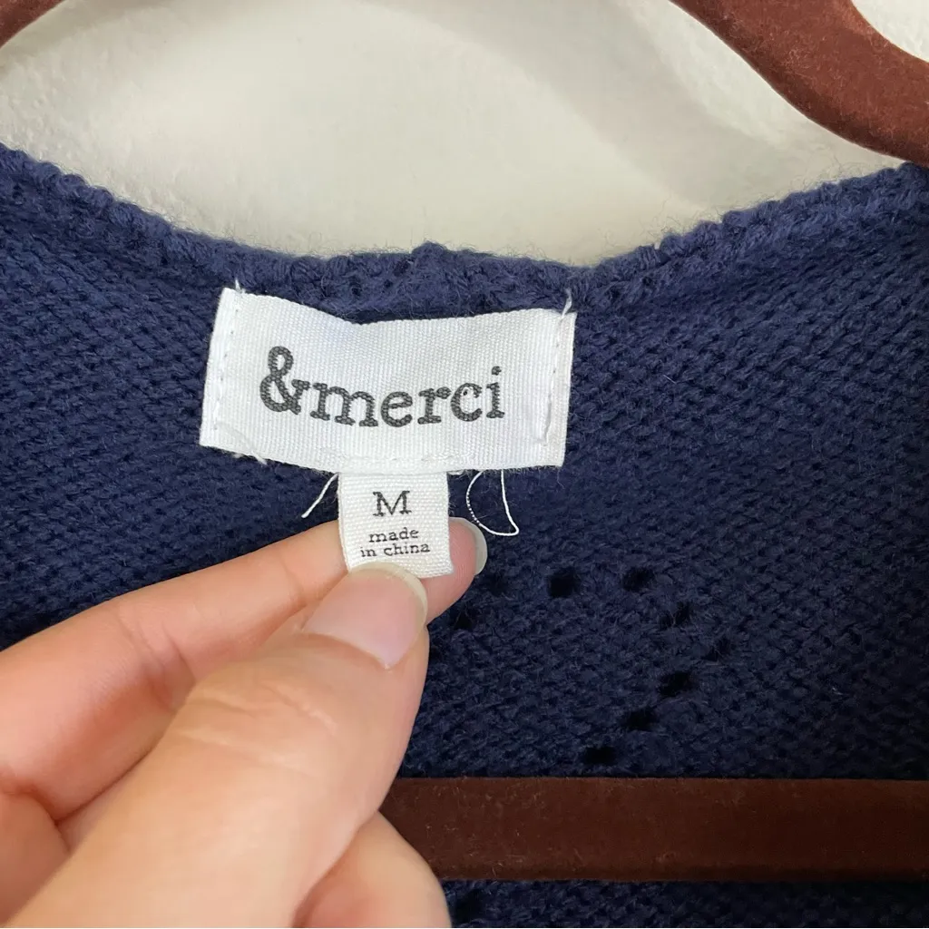 &Merci Navy Heart Knit V-Neck Hoodie Sweater Size M - Image 3