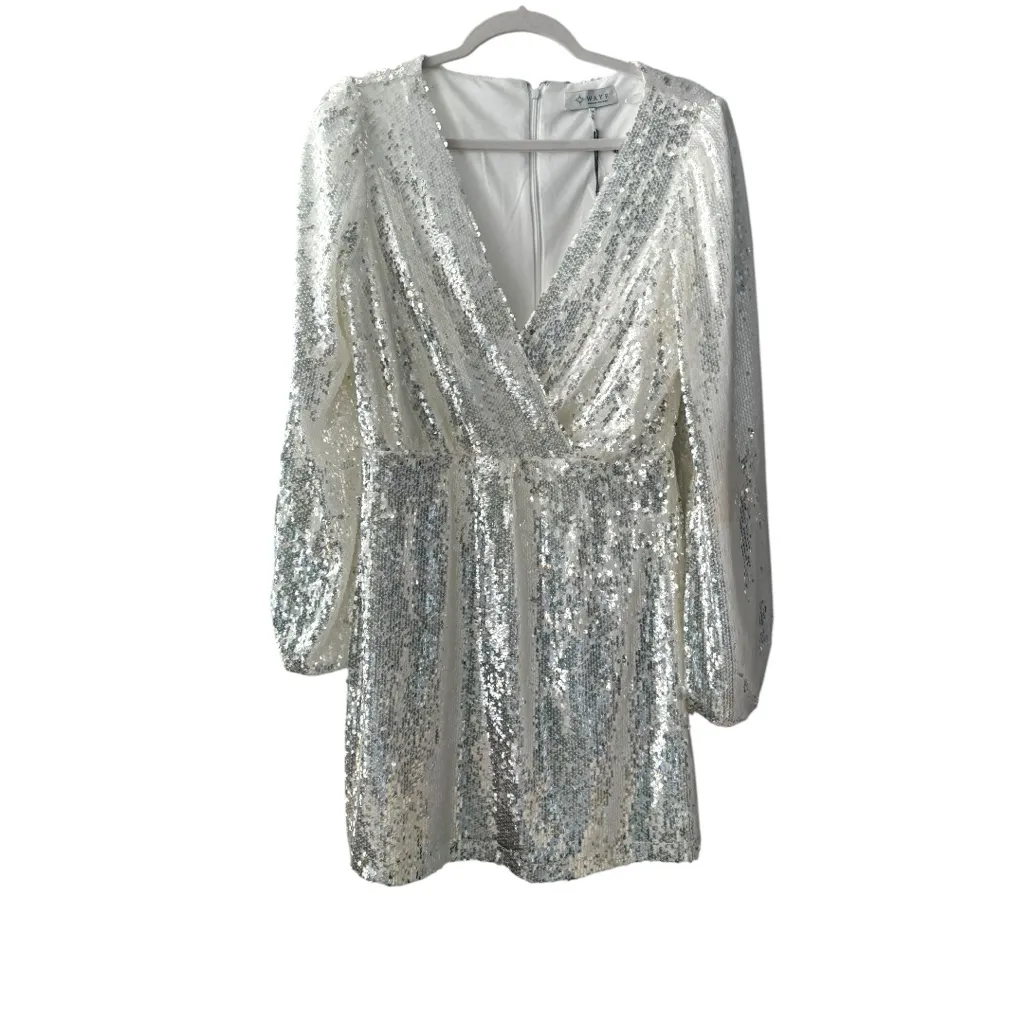 NEW WAYF Carrie Long Sleeve Sequin Minidress Small Silver Party Sparkle - Image 2