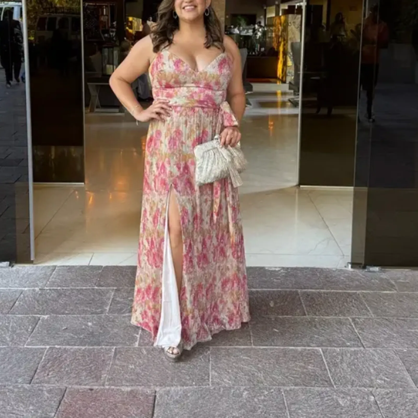 Dress the Population Floral Plisse Maxi Dress XS Metallic Goddess Slip Gown $268 - Image 5