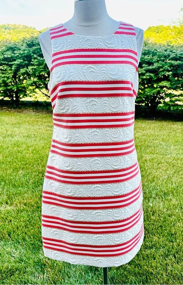 Vince Camuto Stripe Jacquard Dress in Coral White & Gold - Image 10