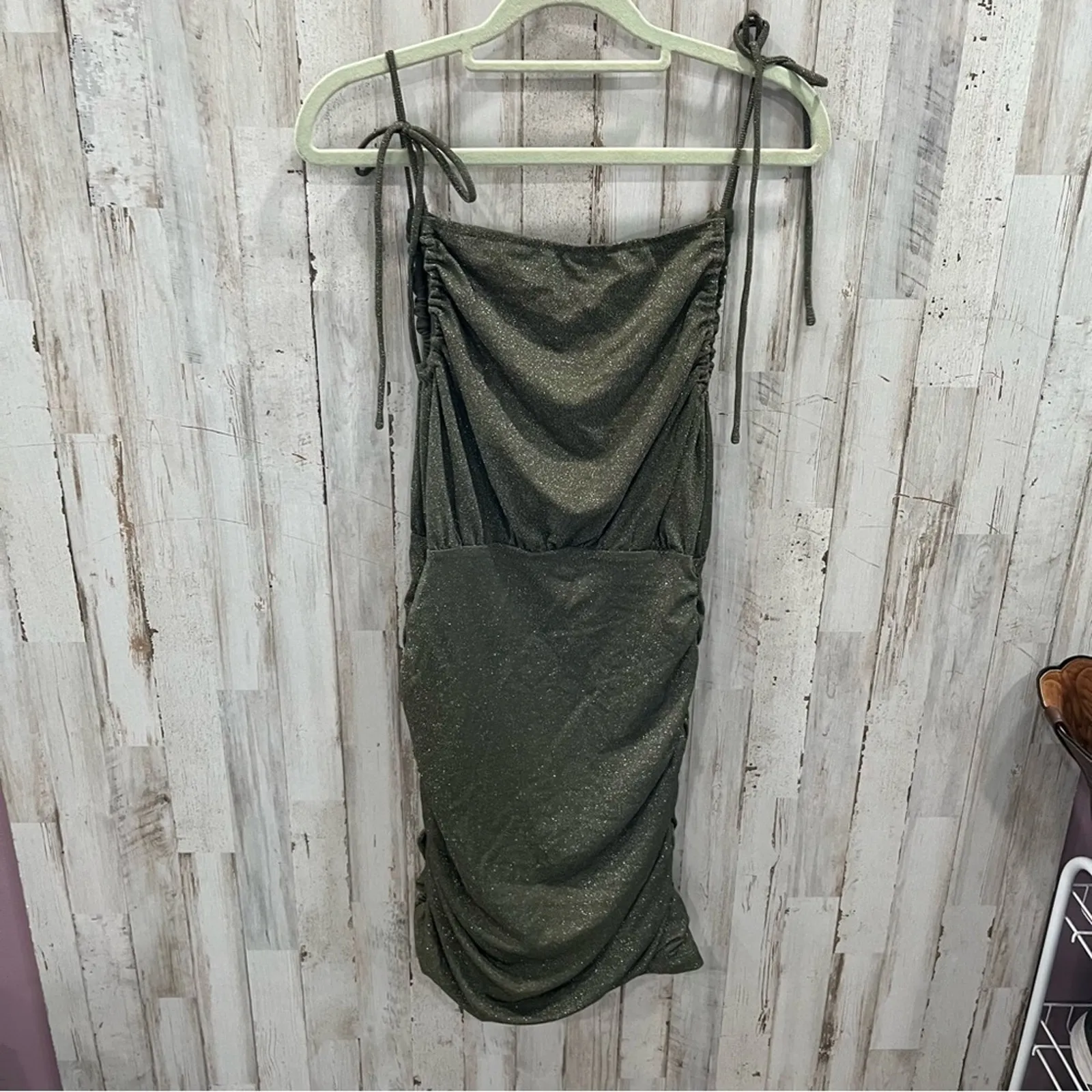 Free People Green Sparkly Shimmer Ruched Mini Dress Womens Size Small Party - Image 5