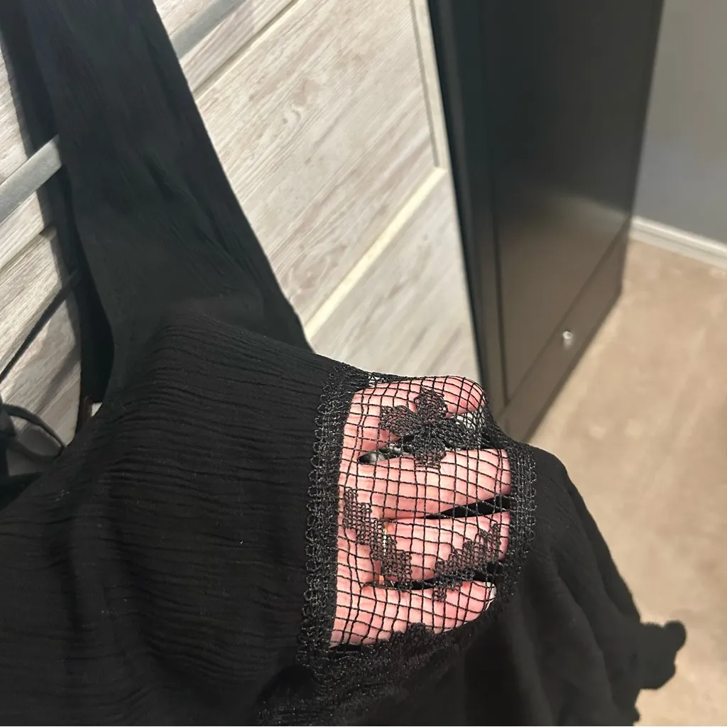 Free People Mini Lace Waist Inset Dress Gauze Layered Black Small - Image 5