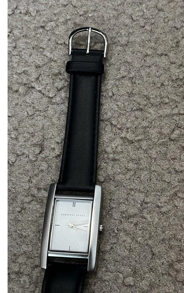 Geoffrey Beene Silver Tone Black Rectangle Faux Leather Wristwatch New Band - Image 2