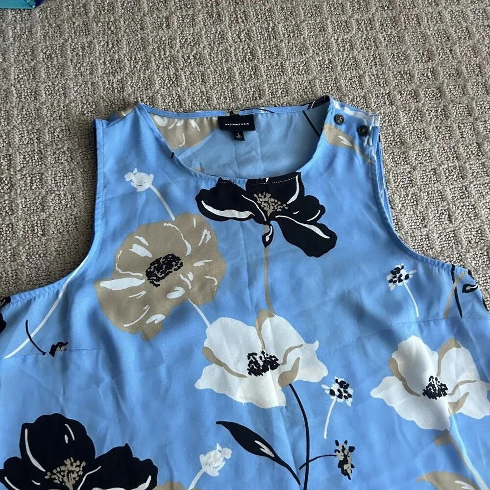WHO WHAT WEAR Small S Semi Sheer Blue Tan Floral Tank Top Sleeveless Blouse - Image 3