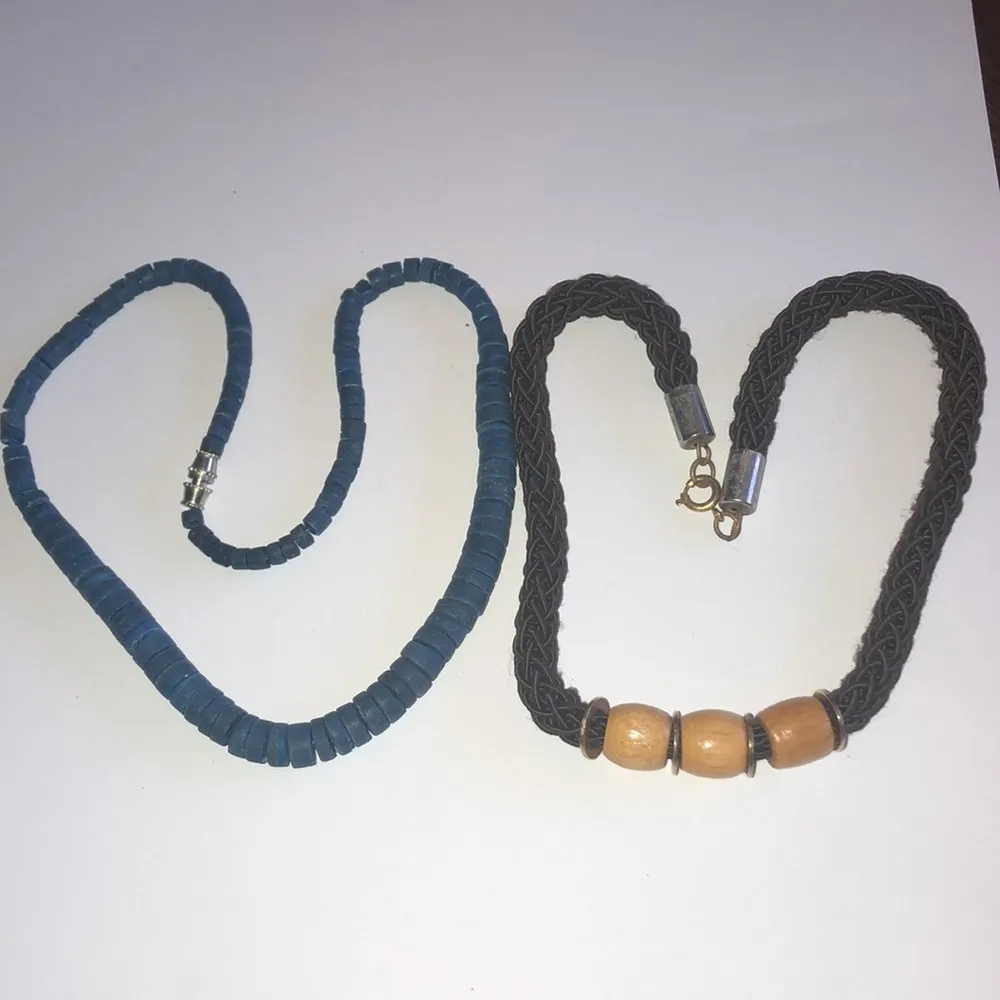 2 Vintage Boho Brown Wood & Blue Disk Beaded Retro Necklaces - Image 4