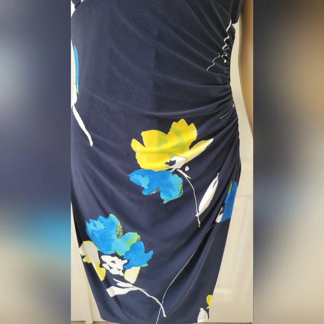 Ralph Lauren Navy Blue Floral Print‎ Jersey Ruched Dress Size 4 - Image 4