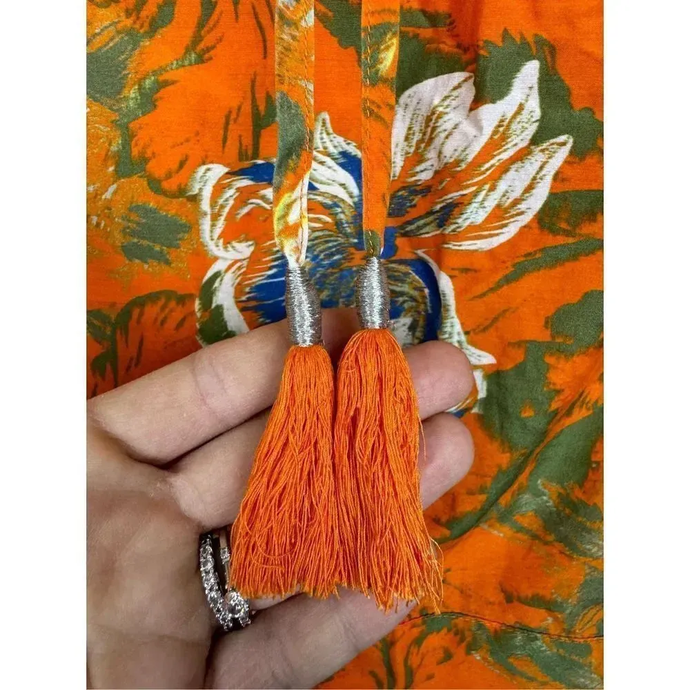 Joes Jeans Silk Blend Hawaiian Floral Resort Sleeveless Blouse M Orange Tassels - Image 2