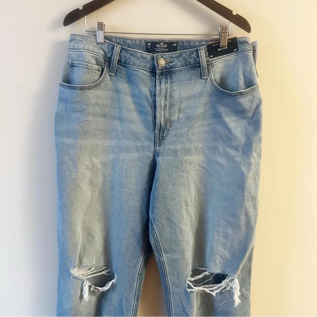 Hollister High Rise Dad Jeans Size 14R/32 Medium Blue Wash Distressed NEW - Image 2