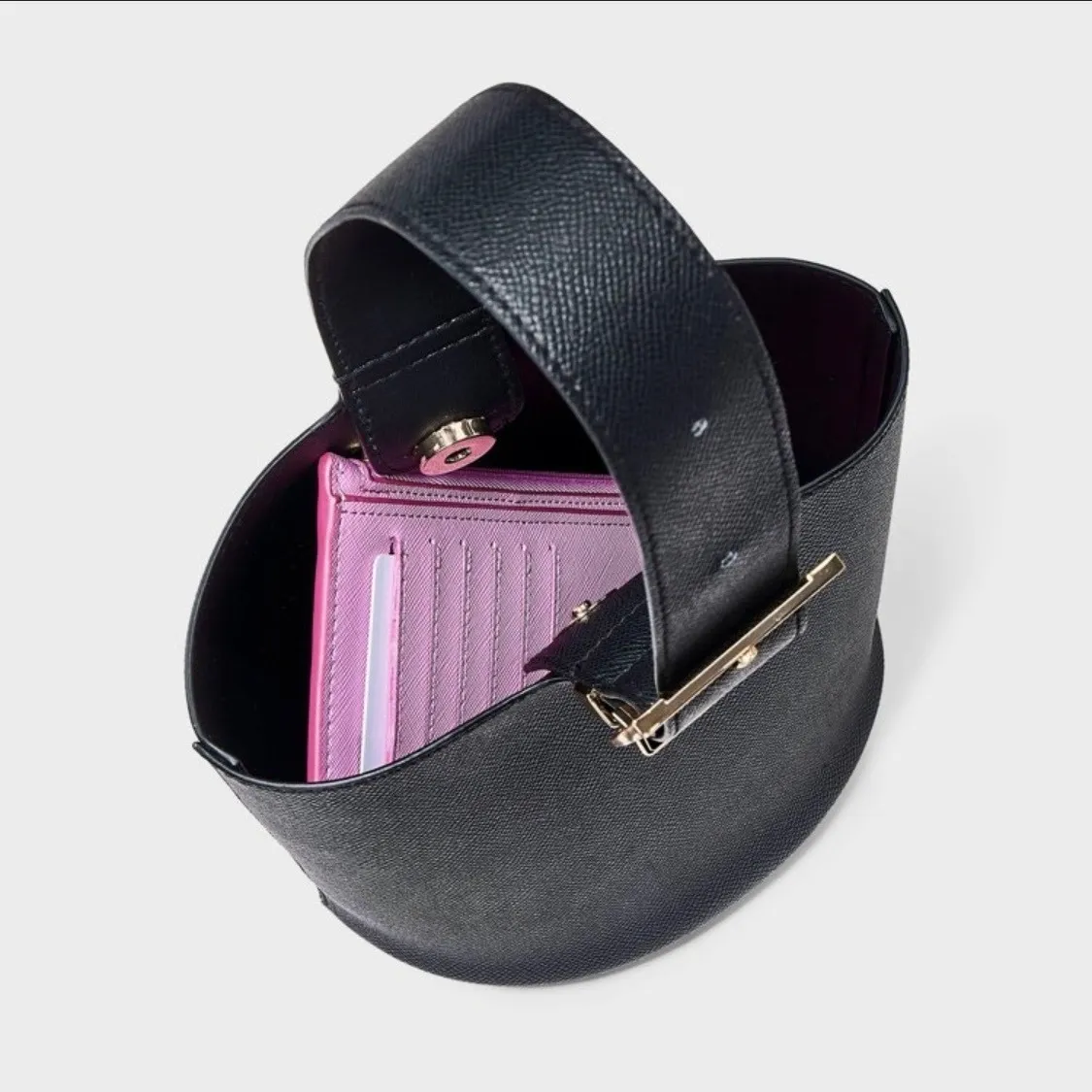 A New Day Black Faux Leather Bucket Bag Gold Buckle Top Handle - Image 7