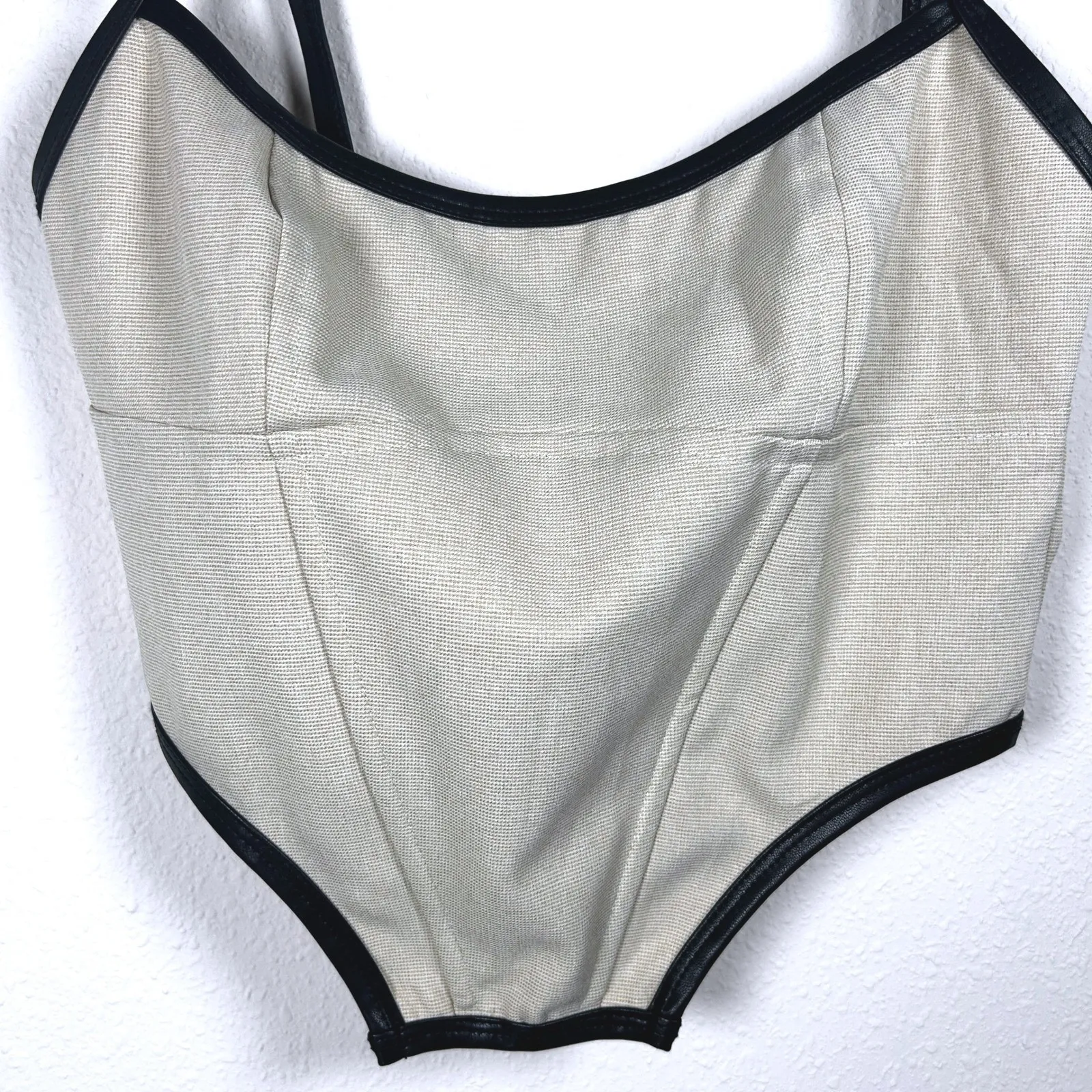 White Fox‎ Boutique Corset Bodysuit Bra Top Sleeveless Black Trim Beige Medium - Image 3