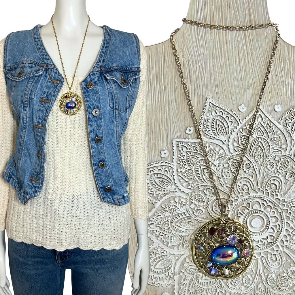 Vintage 70s Art Glass Iridescent Cabochon Gold Tone Medallion Necklace Boho 24” - Image 2