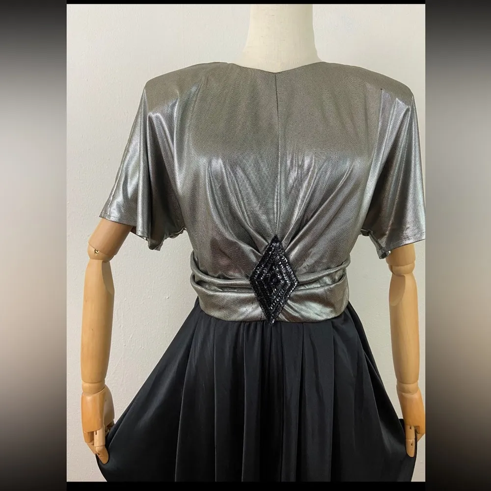 VTG 80s Indie Sleaze Art Deco Disco Silver & Over Drop Jersey Party Dress 12 Black Size 10 - Image 7