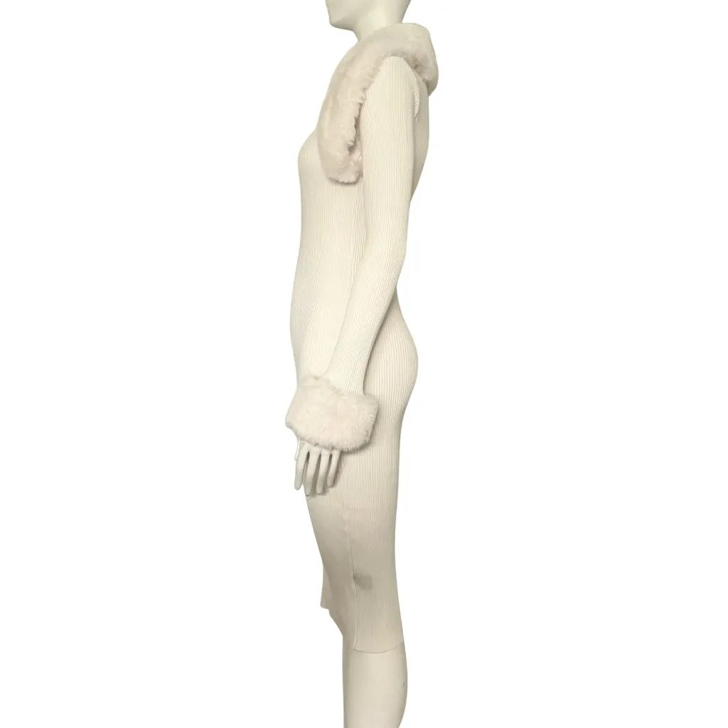 Vintage Y2K Cream Sweater Dress Faux Fur Trim Midi Bodycon S/M Off White McBling - Image 5