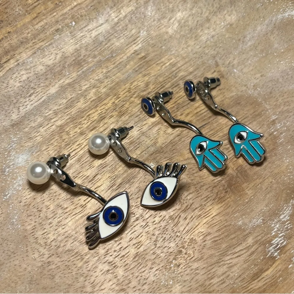 Hamsa & Evil Eye Silver Tone Jacket Earrings - Image 2