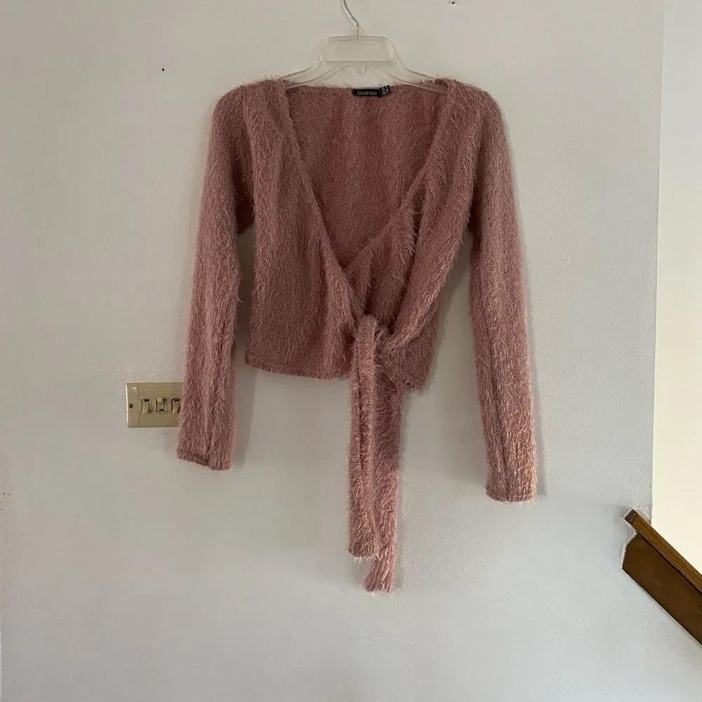 BooHoo mauve feather texture wrap sweater size 8 - Image 6
