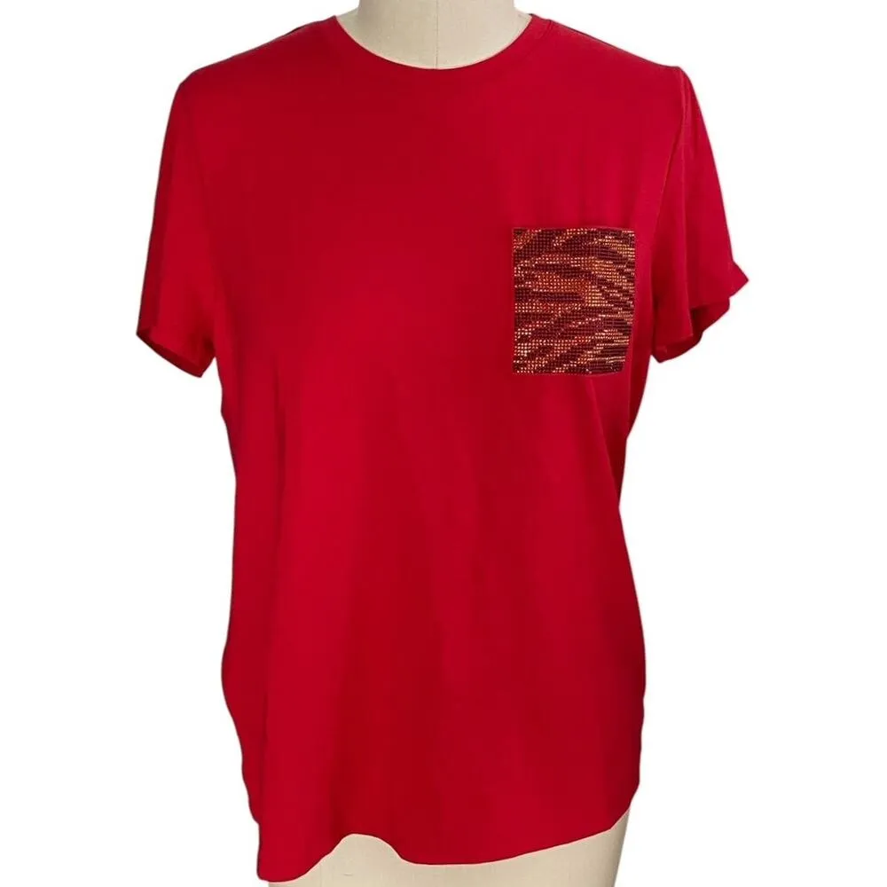 NWT ~ Calvin Klein Red Beaded Pocket T-Shirt ~ Women's Size LARGE - Image 2