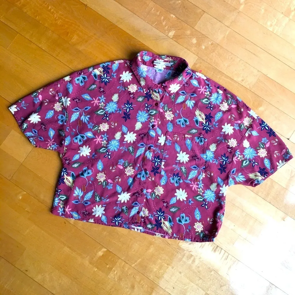 Pull & Bear Floral, Button Up Cropped Top, Rust Orange, Blue, Yellow, Size M - Image 14
