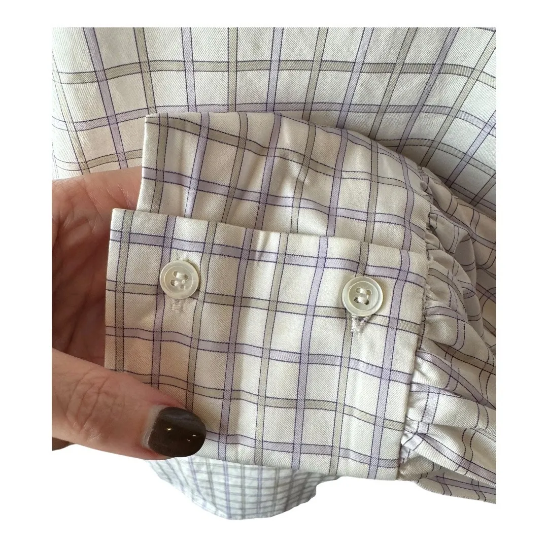 Sandro Shirt Women Small White Purple Devie Check Smocked Ruffle Button Down NWT - Image 7
