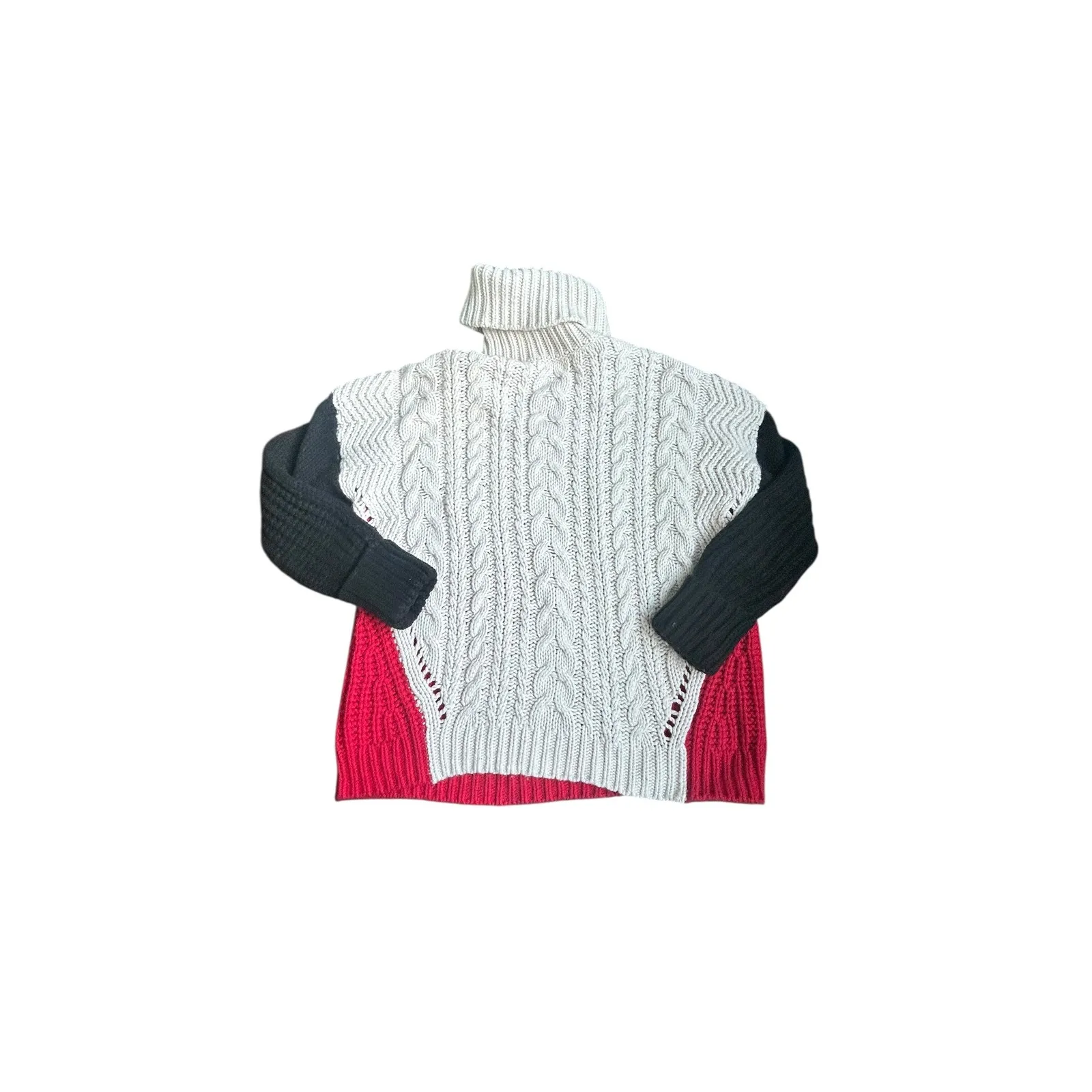 REISS Colorblock Chunky Knit Turtleneck Sweater Cream Black Red XS - Image 4
