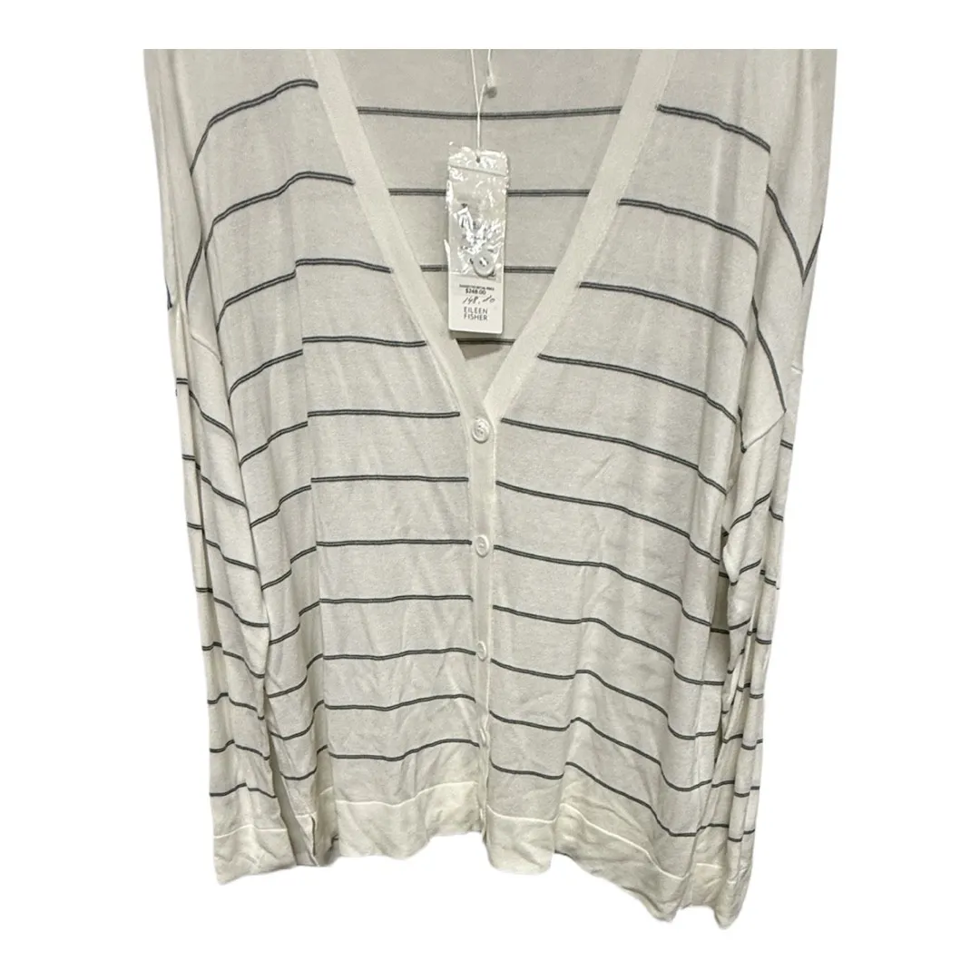 Eileen Fisher White Graphite Striped Tencel Stretch V-Neck Cardigan Medium NWT - Image 3